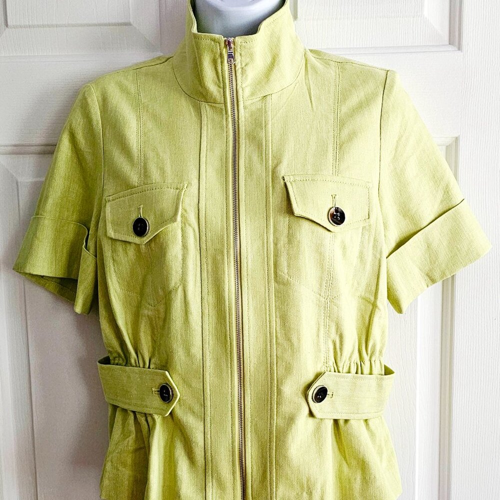 NWT Womens NY&Co 7th Avenue Lime Green Shirt w/ Button Accent Zipper Front Small